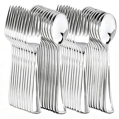 Silver Cutlery Set: Forks, Spoons, Cake Forks, Dessert Spoons, Salad Forks, Pasta Forks And Spoons, High-End Tableware Suitable For: Birthday, Wedding, Party, Family Gathering, Team Building, Outdoor BBQ, Camping, Banquet, School Supplies, Graduation Ceremony, Holiday Party, Etc.