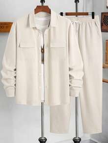 GOLDREDY Men's Solid Color Double Pocket Loose Fit Long Sleeve Shirt And Pants Casual Fashion Minimalist Suitable For Ramadan Outings Commuting Street Style Summer New 2-Piece Set - Champagne - View 4