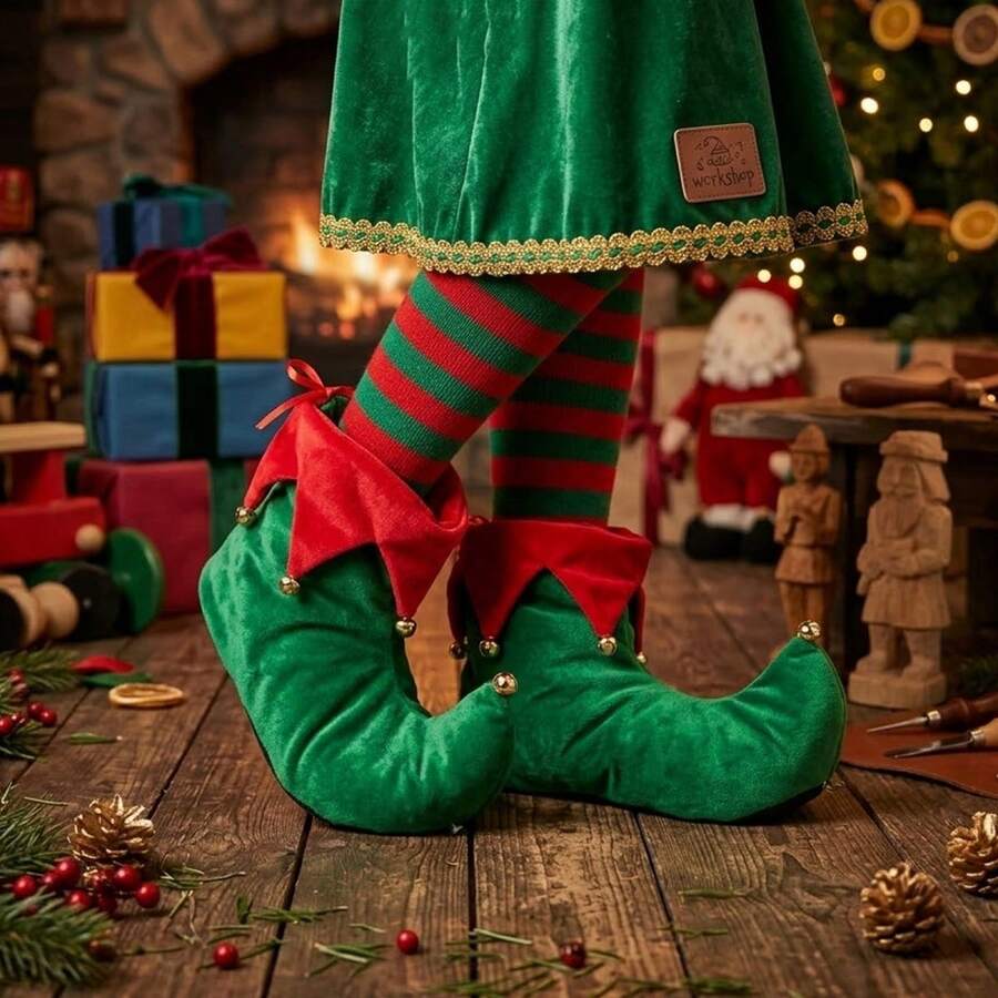 Funny Christmas Elf Shoes With Bells Red And Green Decorative Clown Shoes Photo Props For Holiday Cosplay Festive Party Favors - 彩色 - 查看 1