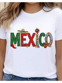 Camiseta gráfica de mujer con temática mexicana, colores vibrantes y elementos tradicionales, perfecta para celebraciones culturales y uso diario. Camiseta de mujer de diseño casual holgado y ligeramente extendido. - Blanco - Ver 7