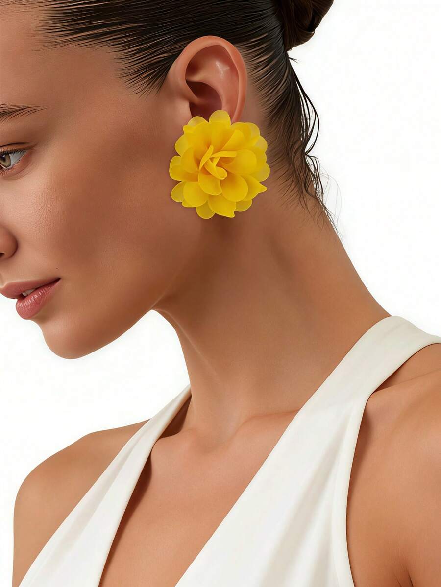 1 par de elegantes pendientes de gota con flores 3D amarillas de estilo bohemio personalizados, pendientes exagerados para mujer para playa, fiesta y vacaciones - Amarillo - Ver 1