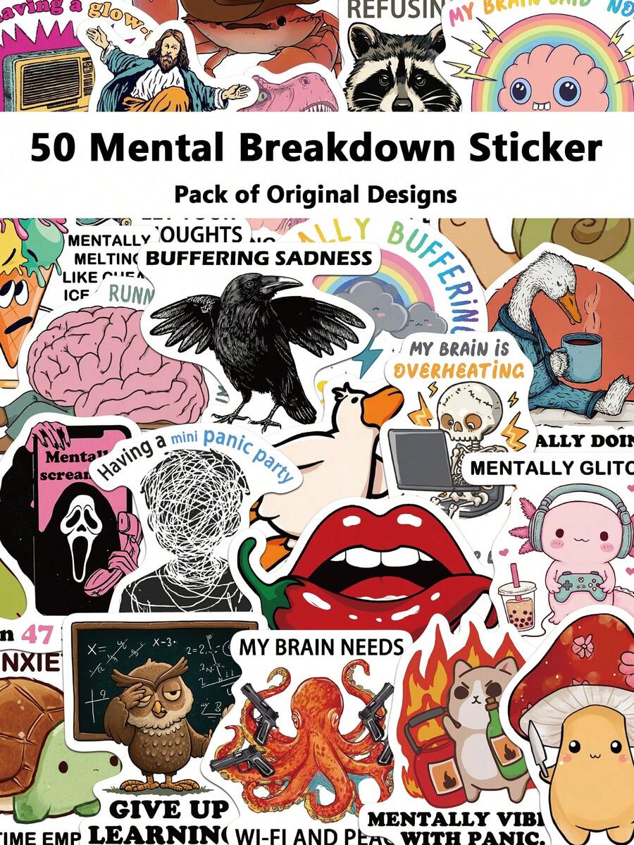 50 Stück Aufkleber für mentalen Zusammenbruch für Gepäck, Scrapbooks, Skateboards, Gitarrenkoffer, Geschenke, Dekoration, DIY Graffiti Aufkleber - A - Übersicht 1