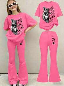 1 Set Tween Girl Outfit, Including Apricot Round Neck T-Shirt And Matching Flared Pants, With Creative Wolf Head Graphic Print - Hot Pink - View 2