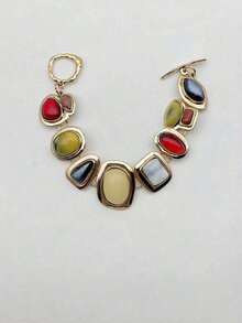 1pc European And American Retro Style Zinc Alloy Inlaid Multicolor Geometric Resin Gemstones Simple And High-End Vintage Bracelet, Suitable For Women, Casual And Vacation, Memorial Day Gift - 多色 - 查看 4