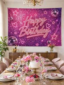 粉色迪斯可生日背景布，Happy Birthday 霓虹風亮片圖案聚酯纖維派對攝影背景牆，適合成人生日、室內/室外慶祝與拍照區裝飾，多種尺寸可選 - 紫色 - 查看 6