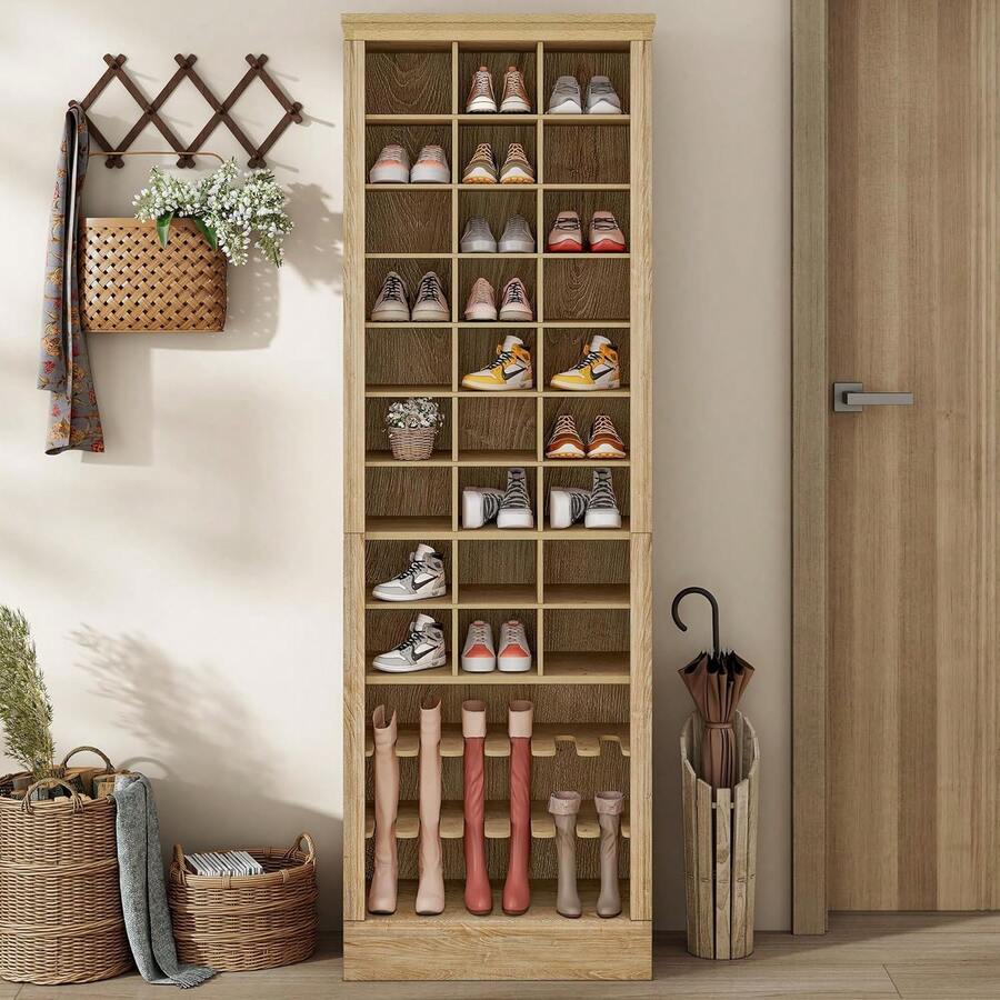 74.9-Inch Tall Shoe Cabinet With 9 Shelves And 27 Open Compartments. Suitable For Entryways, Foyer, And Bedrooms. Light Brown Color. - 查看 1