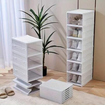 Opvouwbaar schoenenrek met 6 of 3 lagen, stof- en vochtbestendige schoenenopbergdoos, transparant schoenenrek met klapdeksel, stapelbare schoenendoos met grote capaciteit, ruimtebesparend schoenenrek, unisex schoenenopbergoplossing. Geschikt voor sneakers, skateschoenen en hoge hakken; de extra grote versie biedt ruimte aan enkellaarsjes. Dankzij het transparante ontwerp van de voorkant kunt u alle schoenen in één oogopslag zien, zodat u binnen 30 seconden het gewenste paar kunt vinden. Geschikt voor gebruik in de hal, slaapkamer en inloopkast; ook perfect als cadeau voor vrienden.