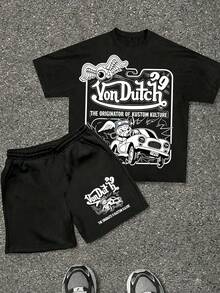 2pcs Retro Winged Eye & Cartoon Car Print Short-Sleeved T-Shirt And Shorts Set, Vintage Kustom Kulture Two-Piece Outfit, Perfect For Daily Wear, Casual Hangouts, Weekend Trips And Street Style Looks, Shipped From Local Warehouse - màu đen - Xem 1