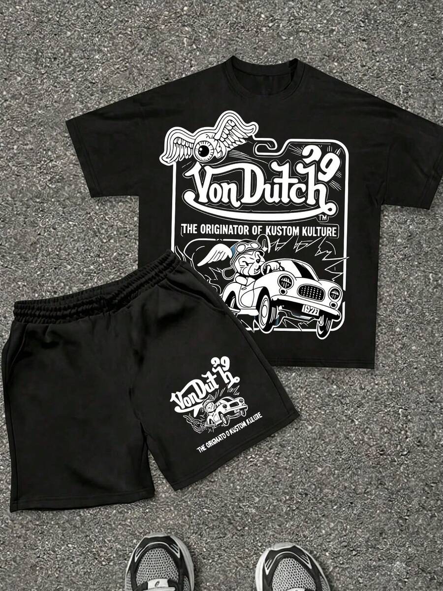 2pcs Retro Winged Eye & Cartoon Car Print Short-Sleeved T-Shirt And Shorts Set, Vintage Kustom Kulture Two-Piece Outfit, Perfect For Daily Wear, Casual Hangouts, Weekend Trips And Street Style Looks, Shipped From Local Warehouse - màu đen - Xem 1