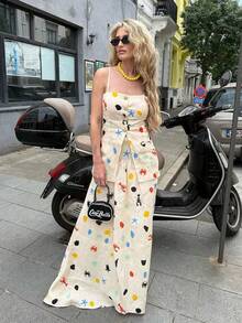 2 Stück/Set Blume Muster Vorderseite Knopf Trägerhemd und Mini Rock, bohemian Mode Casual Elegant Pendler Alltag Urlaub Strand Outfit, geeignet für Sommer Polka Dot - Aprikosenfarben - Übersicht 5