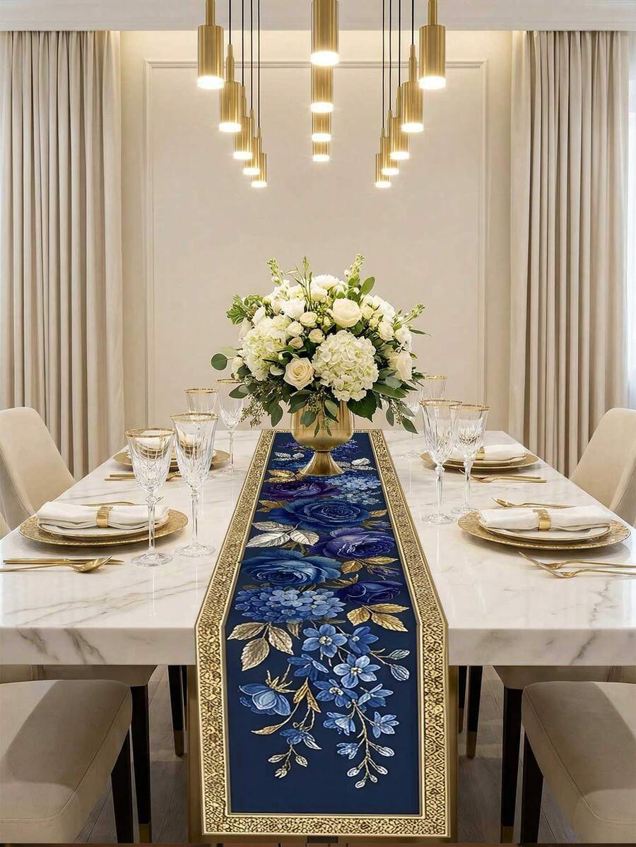 1 件复古海军蓝金色花卉印花桌旗,优雅植物花卉图案长方形餐桌桌旗,抗皱可水洗防滑涤纶桌布,装饰性桌面摆件,非常适合农舍厨房餐厅、客厅咖啡桌、田园风家居装饰 - A - 查看 1