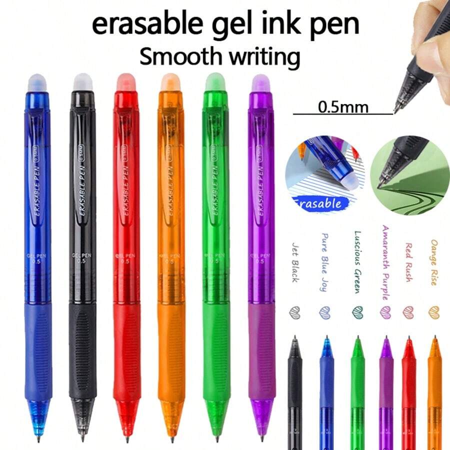 【Premium Writing Tools】6支裝塑膠可擦拭水性筆，0.5mm細筆尖，塑膠握把設計增加舒適感，6色可選，易擦拭水性筆，適合繪圖與書寫｜學生文具｜開學用品