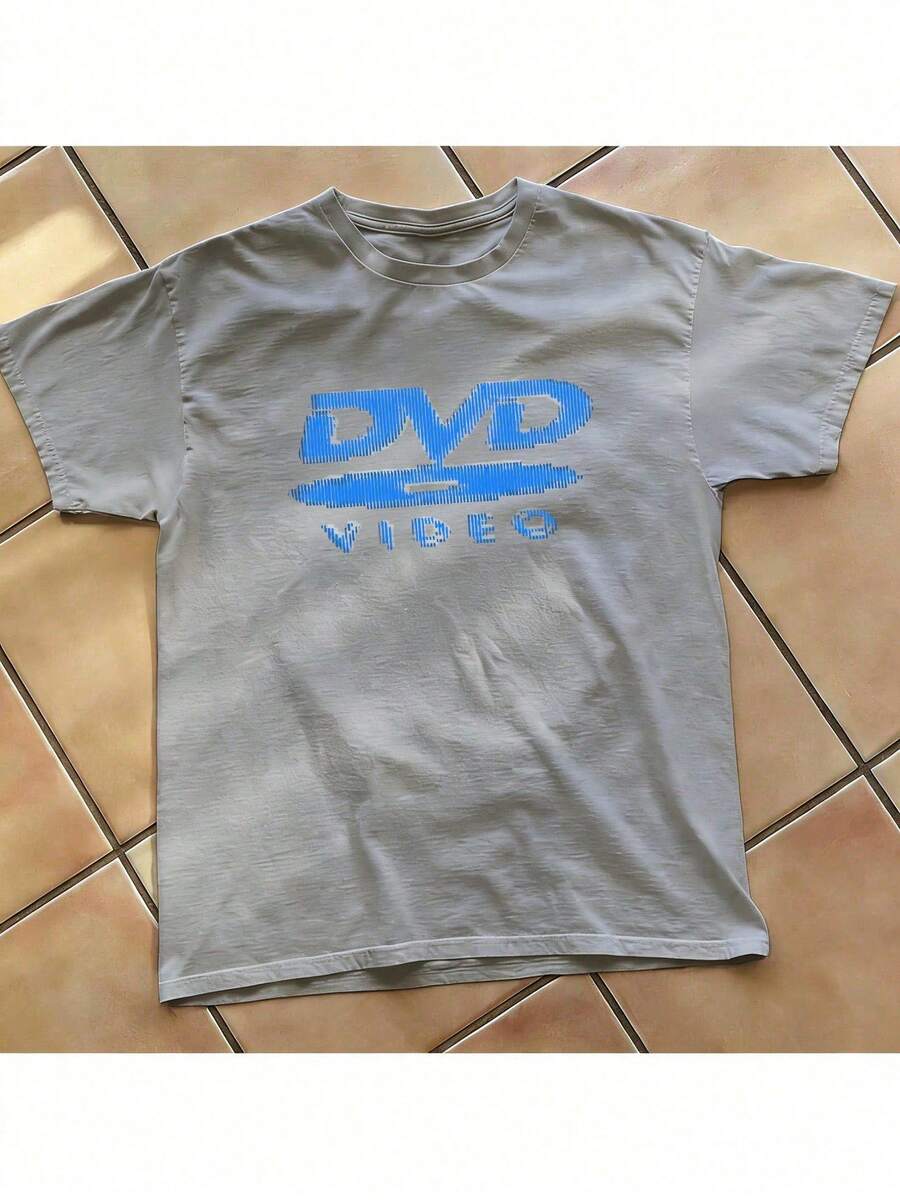 [100% Cotton] DVD Video Nostalgic Green Logo Vintage Gaming Print T-Shirt 2000s Aesthetic Retro Summer Shirt - Unisex Women & Men's Campus Daily Wear - 灰色A - 查看 1