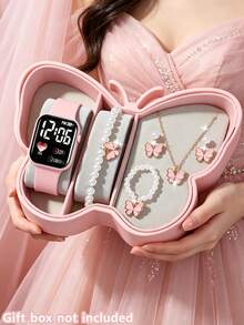 6/5pcs Girls Elegant Cute Fashion LED Digital Display Electronic Watch, Paired With Exquisite Pearl Butterfly Bracelet Necklace Ring Earring Jewelry Set, Suitable For Girls Birthday/Holiday Gifts, Perfect For Graduation Season, Parties, Vacations, Celebrations, Travels, Daily Wear, Ideal Graduation Gift, Perfect Mother's Day Gift For Girls - Multicolor - View 2