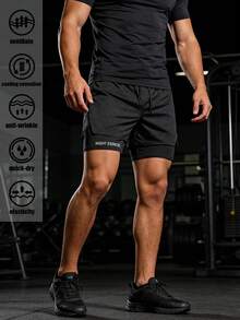 Men's 2-In-1 Summer Sports Quick-Dry Shorts, Elastic Casual Pants, Double Layer Compression Shorts With Letter Print, Boyfriend Pants Black - Black - View 9