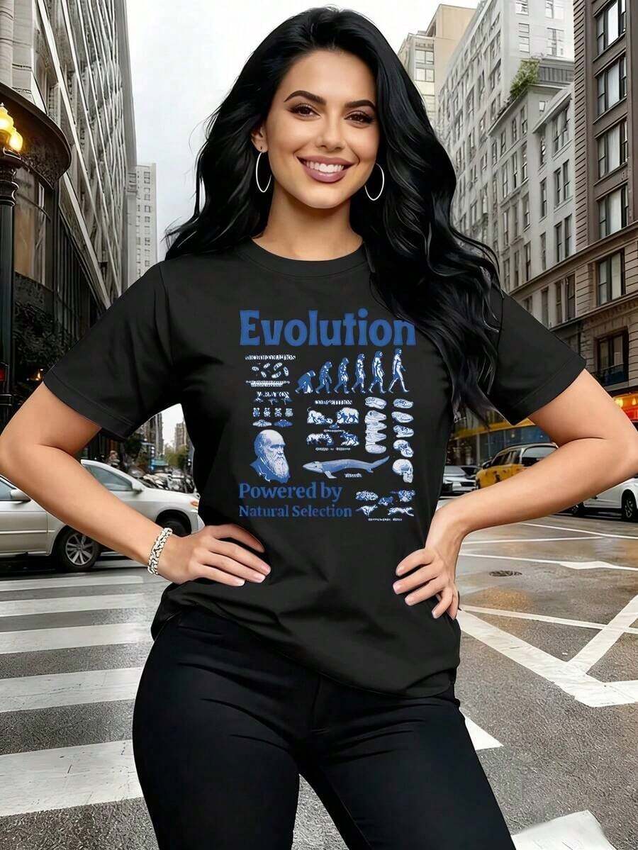 Women's Short-Sleeved T-Shirt In Pure Cotton With A Modern Graphic Print, Round Neck, Short Sleeves, Soft And Breathable, Versatile, Suitable For Everyday Wear-A Must-Have For Fashionable Women! High-Quality Cotton Clothing For Women. - 黑色 - 查看 1