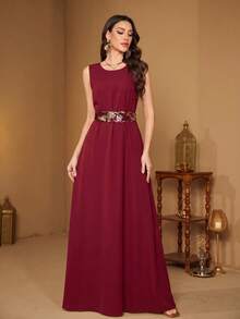Đầm dạ hội dài tay phối sequin SUPGIR [Họa tiết ngẫu nhiên] dành cho nữ, có thể mặc hai mặt, kèm thắt lưng. - Màu Đỏ Sâu - Xem 4