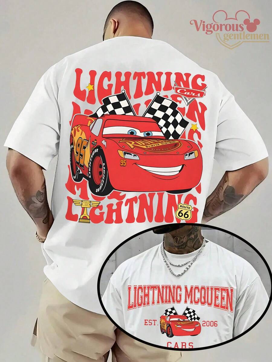 Disney Cars Lightning McQueen Checkered Flag T-Shirt, Unisex Racing Summer Tee - White - View 1