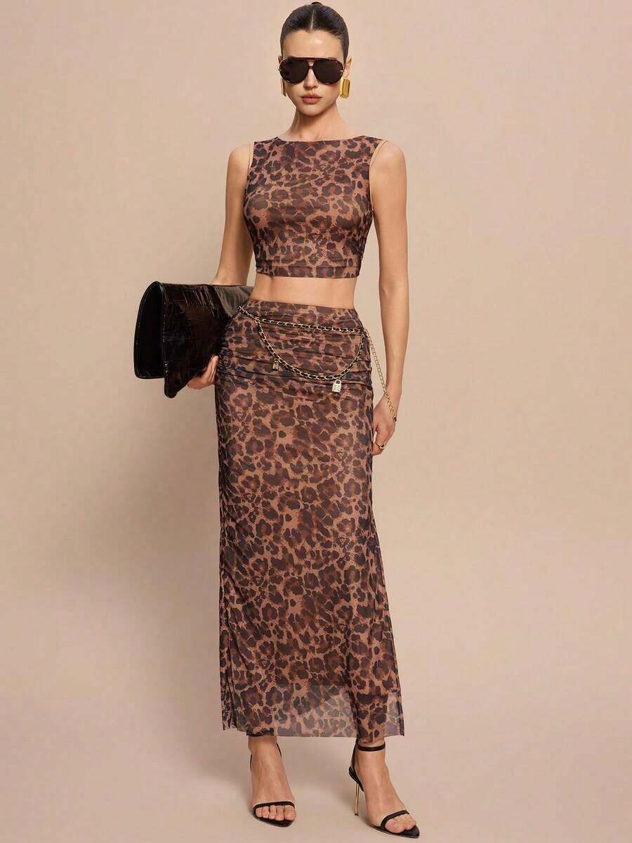 2 piezas Conjunto de top corto sin mangas y falda con estampado de lunares elegante de malla para mujer - Café integral 3 - Ver 1