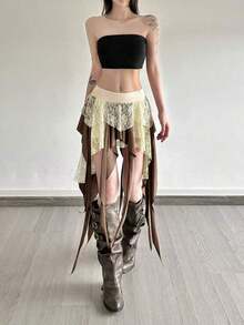 Women's Colorblock Lace Patchwork Asymmetric Hem Skirt, Suitable For Carnival, Concerts, Beach, Vacation - 黑色 - 查看 8