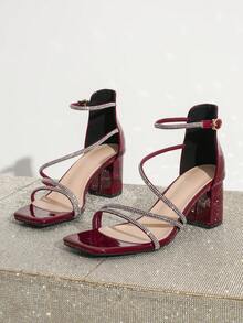 Square Toe Thick High Heel Rhinestone Decorated Elegant Glamorous Sandals, Suitable For Banquet Party, Fashion Versatile - Burgundy - View 6