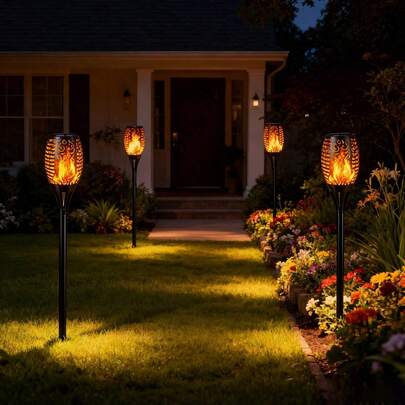 2/8 Solar 12-LED Flame Torch Lights With Flickering Flames, Solar Torch - Automatic On/Off, Perfect For Garden Paths And Outdoor Landscaping, Patio Lighting, Suitable For Various Holiday Decorations Such As Thanksgiving And Halloween