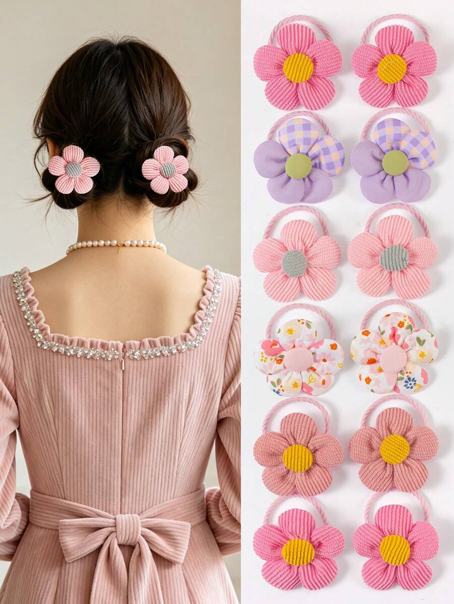 10个淡紫色3D花朵发圈，高品质五瓣花朵弹力发绳，可爱发饰，适合女孩日常舒适佩戴