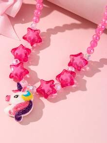 Set de 6 piezas de joyería para niñas con collar, pulsera, aretes y pasadores para el cabello con perlas y moños de unicornio, adecuado para fiestas, cumpleaños y vacaciones - Rosa Fucsia - Ver 8