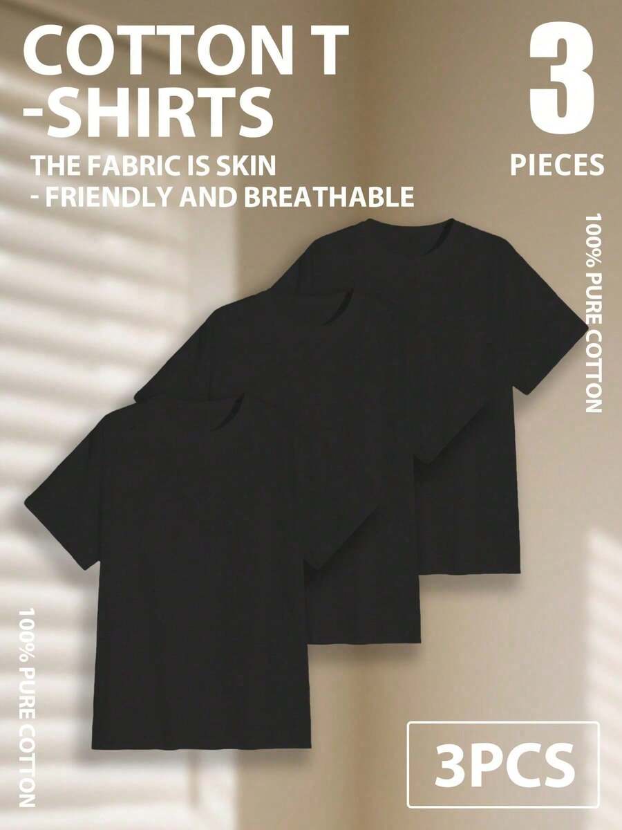 3pcs/Set 100% High-Quality Pure Cotton Men's Round-Neck Short-Sleeved Sports T-Shirt, Made Breathable Soft And Comfortable, Suitable For Fitness, Outdoor And Casual Wear All Year Round - 3 cái màu đen - Xem 1