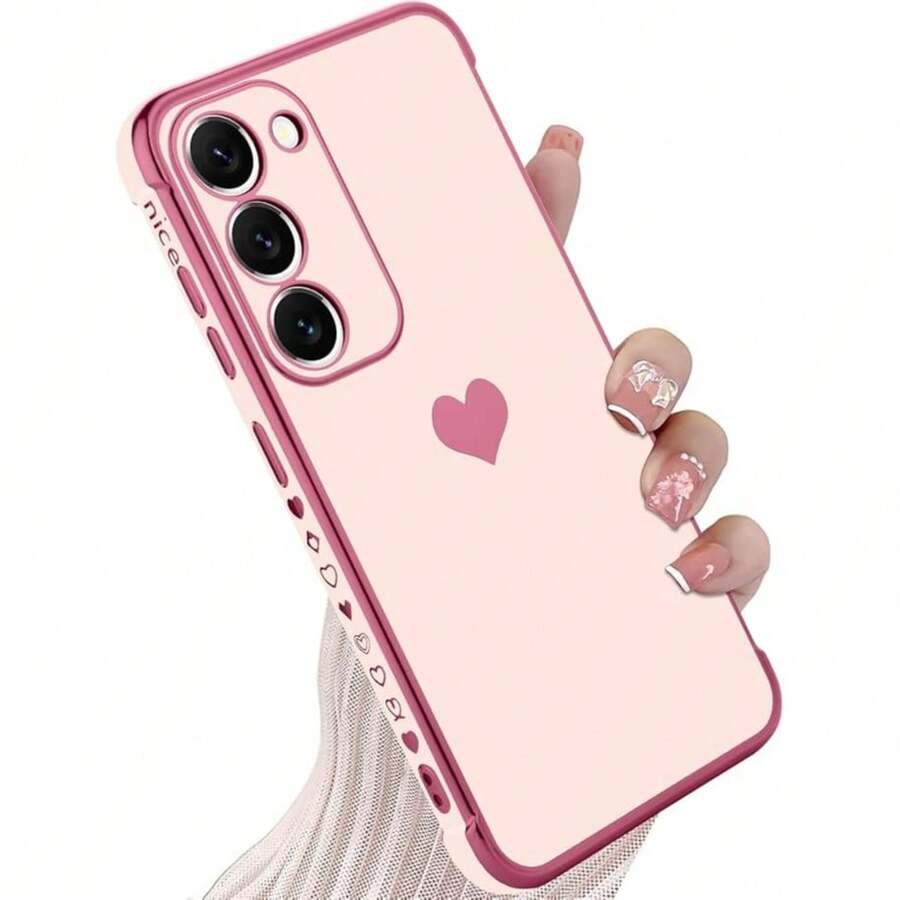 奢华电镀手机壳,兼容三星 Galaxy A57、A17、A37、A56、A36、A26、A16、A55、A25、A35、A15、A12、A13、A23、A24、A33、A34、A52、A53、A54、S26 Ultra、S25 FE、S24、S23、S22、S21 Plus、S20,心形侧边图案设计 - 粉色 - 查看 1
