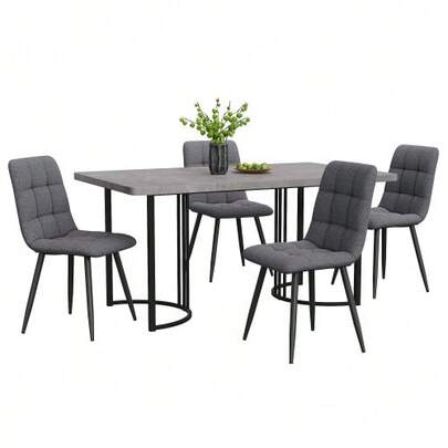 Dining Set (5 Pieces), Dining Table With 4 Chairs, Modern Kitchen Table Set, 140*80 Cm Kitchen Table With Black Metal Legs, Grey MDF Tabletop, Dark Grey Linen Dining Chairs.