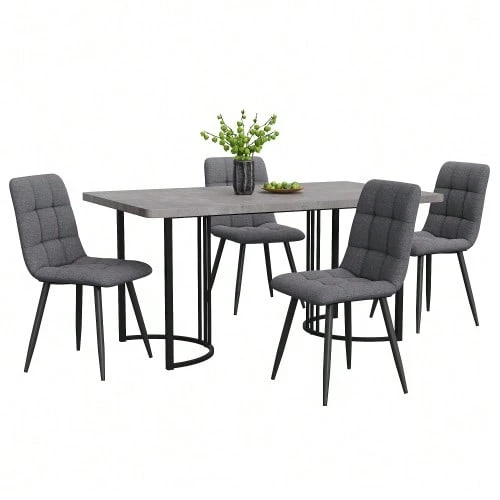 Dining Set (5 Pieces), Dining Table With 4 Chairs, Modern Kitchen Table Set, 140*80 Cm Kitchen Table With Black Metal Legs, Grey MDF Tabletop, Dark Grey Linen Dining Chairs. - Grey - View 1