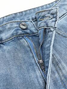 Quần short denim rách gấu dành cho nữ, kiểu Hàn Quốc mùa hè, cạp cao, dáng chữ A, đa năng, rộng rãi, ống rộng, gợi cảm, thích hợp mặc thường ngày. - Rửa nhẹ - Xem 9