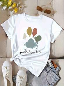Camiseta para mujer con bonita estampado de huella de pata - Top de verano de manga corta y cuello redondo con perro y pata, tela de elasticidad media adecuada para ropa casual, blusa con temática de mascotas lavable aáquina - Blanco - Ver 7