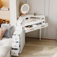 Corner Dressing Table, Modern Dressing Table With Rotating (Dimmable Light), 5 Drawers, White - W105.5 X D75 X H120 Cm - 白色 - 查看 2