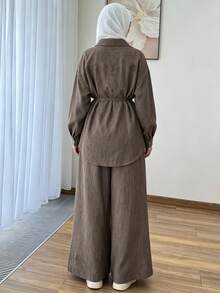 2件組女款雙色布料套裝，商務辦公襯衫與寬腿褲，彈性腰帶口袋長褲，秋季 - 鏽棕色 - 查看 7