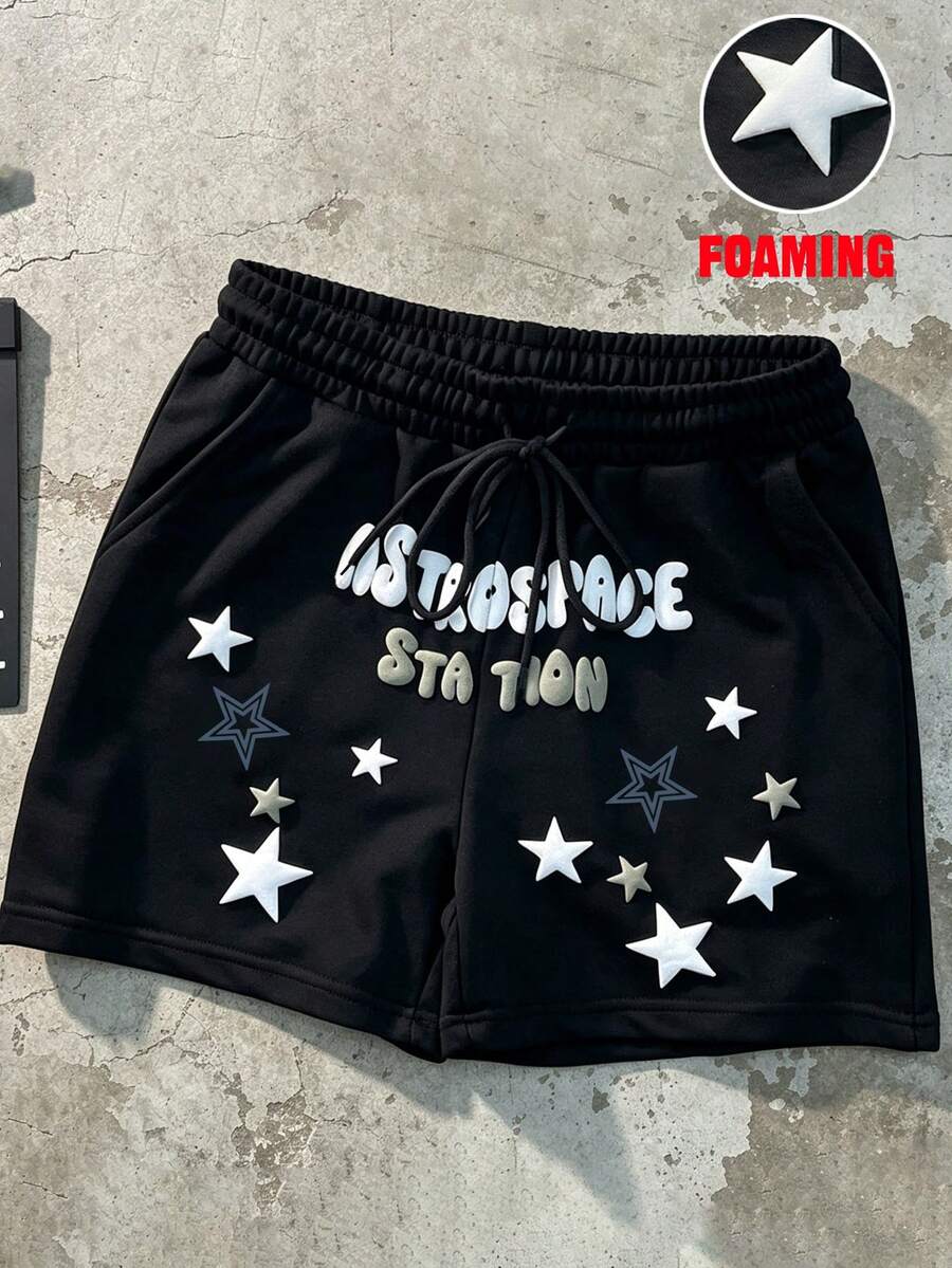 HEYKESON Pantalones cortos casuales de estilo callejero con cordón en la cintura y estampado de estrellas y letras para hombres - Negro - Ver 1