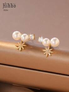 Hihho 1 paire de boucles d'oreilles de style français de luxe avec perles et étoiles octogonales, boucles d'oreilles délicates pour femmes, convenant pour un port quotidien, cadeau pour les fêtes - Boucles d'oreilles en perles - Voir 2