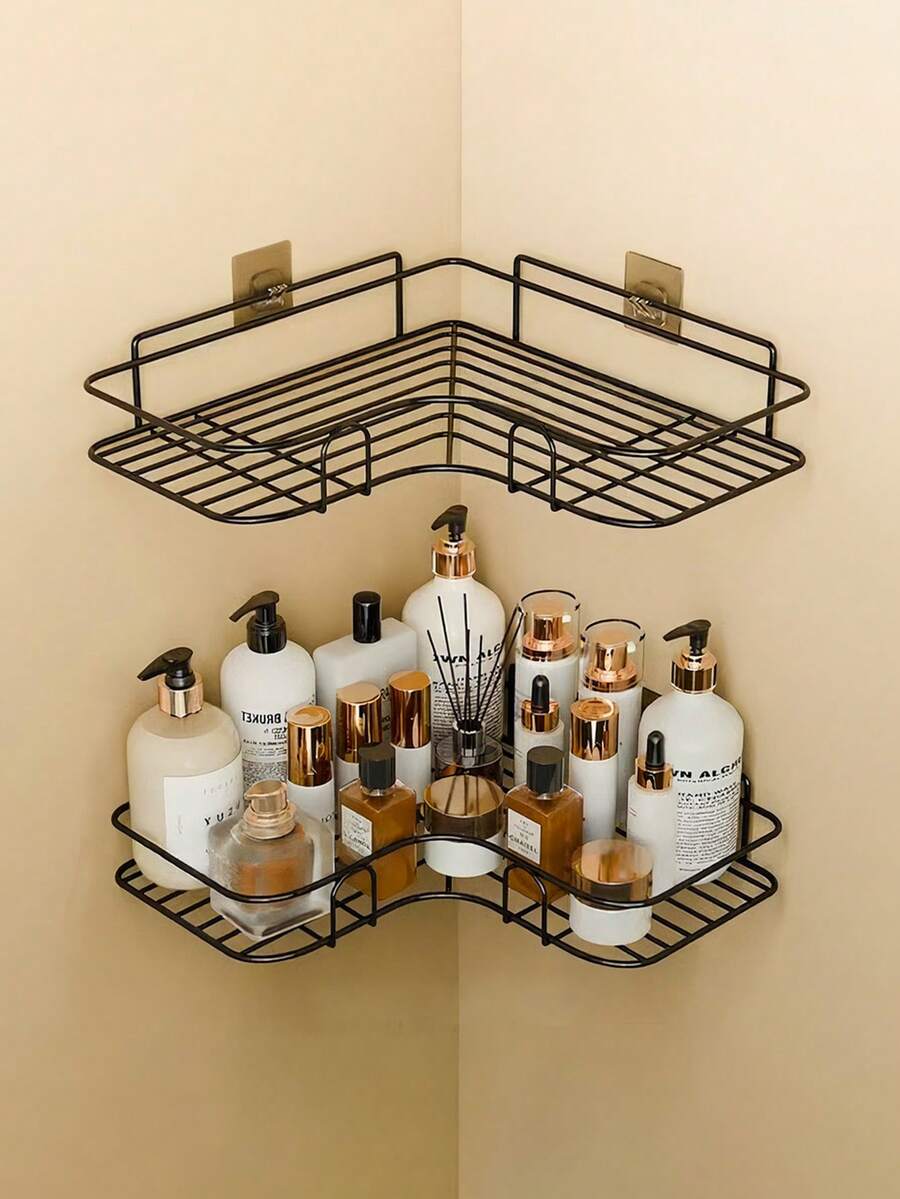1/2pcs Black Triangle Self-Adhesive Corner Storage Rack, Multi-Purpose Self-Adhesive Wall-Mounted Corner Storage Rack, Suitable For Bathroom, Kitchen, Cosmetics Hanging, Living Room, Etc.
