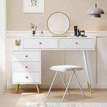 Sminkbord, sminkbordsset med spegel, justerbart sidoskåp och utdragbar design. Mått: B100/H78/D40 cm (utan pall) - Vitt - Visa 3