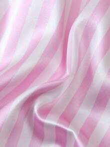 2-Piece Satin-Trimmed Short-Sleeve Top And Bow-Tie Striped Shorts Pajama Set, Women's Summer Home Wear Pajamas, Casual - 粉色 - 查看 9