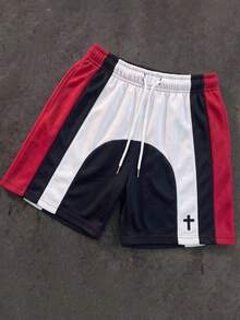 Men's Contrast Color Patchwork Cross Applique Drawstring Waist Casual Street Style Sports Shorts - Black - View 1