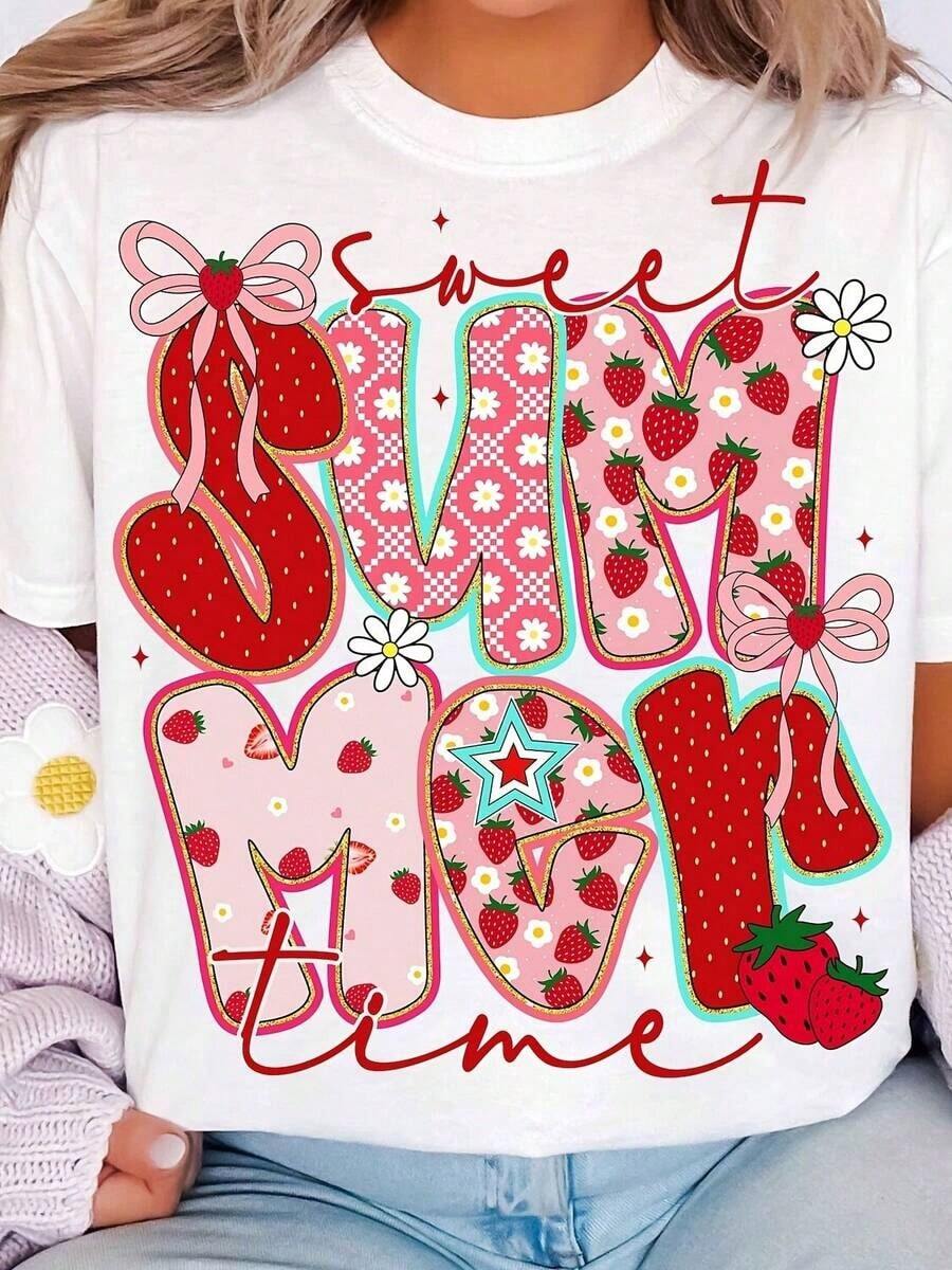 Camia de algodón con estampado de fresas para mujer, cuello redondo, manga corta, corte regular, transpirable y cómoda. - Blanco - Ver 1