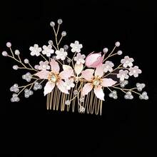 1pc Luxury Pink Pearl Crystal Rhinestone Embellished Hair Comb, Bridal Hair Accessory - Pink - View 5