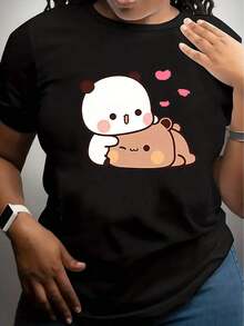 Women's Short Sleeve T-Shirt With Raccoon And Bear Print - Soft And Casual, Short Sleeve And Round Neck, With Heart Eye Design, Ideal For Spring, Summer And Autumn, With Comfortable Lettering And Appliqué Details For Themed Events, Easy Care Animal Print Top, 100% Cotton. - 黑色 - 查看 3
