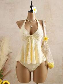 2026 Bellisia Women's Elegant Polka Dot Print Dress, Textured Fabric, Relaxed Vacation Camisole, Yellow Tankini Bikini Beach Outfit. Women's Beach Set For Summer 2026, Graduation Season, Wedding, Back To School, Easter. Cute Casual Summer Camisole With Knit Texture, Ruffle Details, In A Sweet, Romantic, And Country Style. - 黑與白 - 查看 7