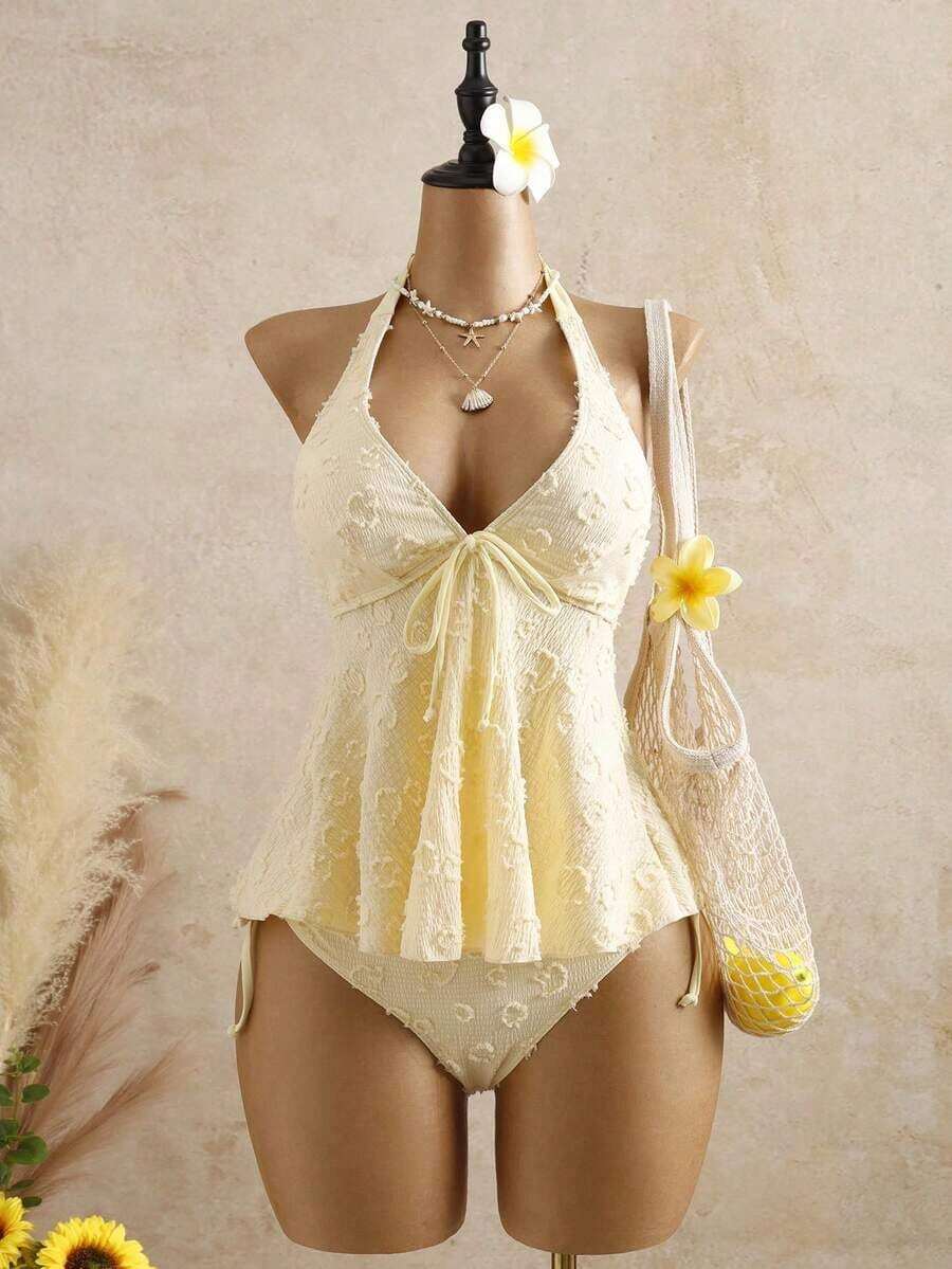 Women's Relaxed Vacation Polka Dot Textured Fabric Camisole Yellow Bikini Tankini Elegant Dress Women Beach Outfit Women's Beach Bikinis Summer - 黃色 2 - 查看 1
