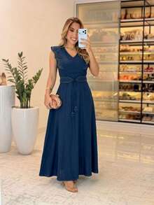 Sensorial Marrante Long Midi Dress, Sleeveless Evangelical Chemise Dress, Solid Marsala Color, For Women, Autumn, Navy Blue - 藏蓝色 - 查看 1