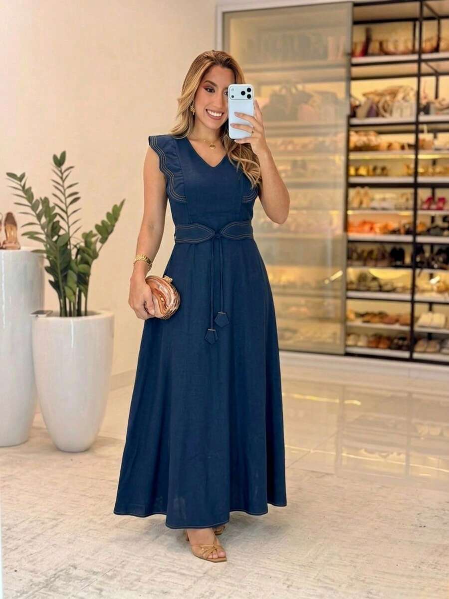 Sensorial Marrante Long Midi Dress, Sleeveless Evangelical Chemise Dress, Solid Marsala Color, For Women, Autumn, Navy Blue - 藏蓝色 - 查看 1