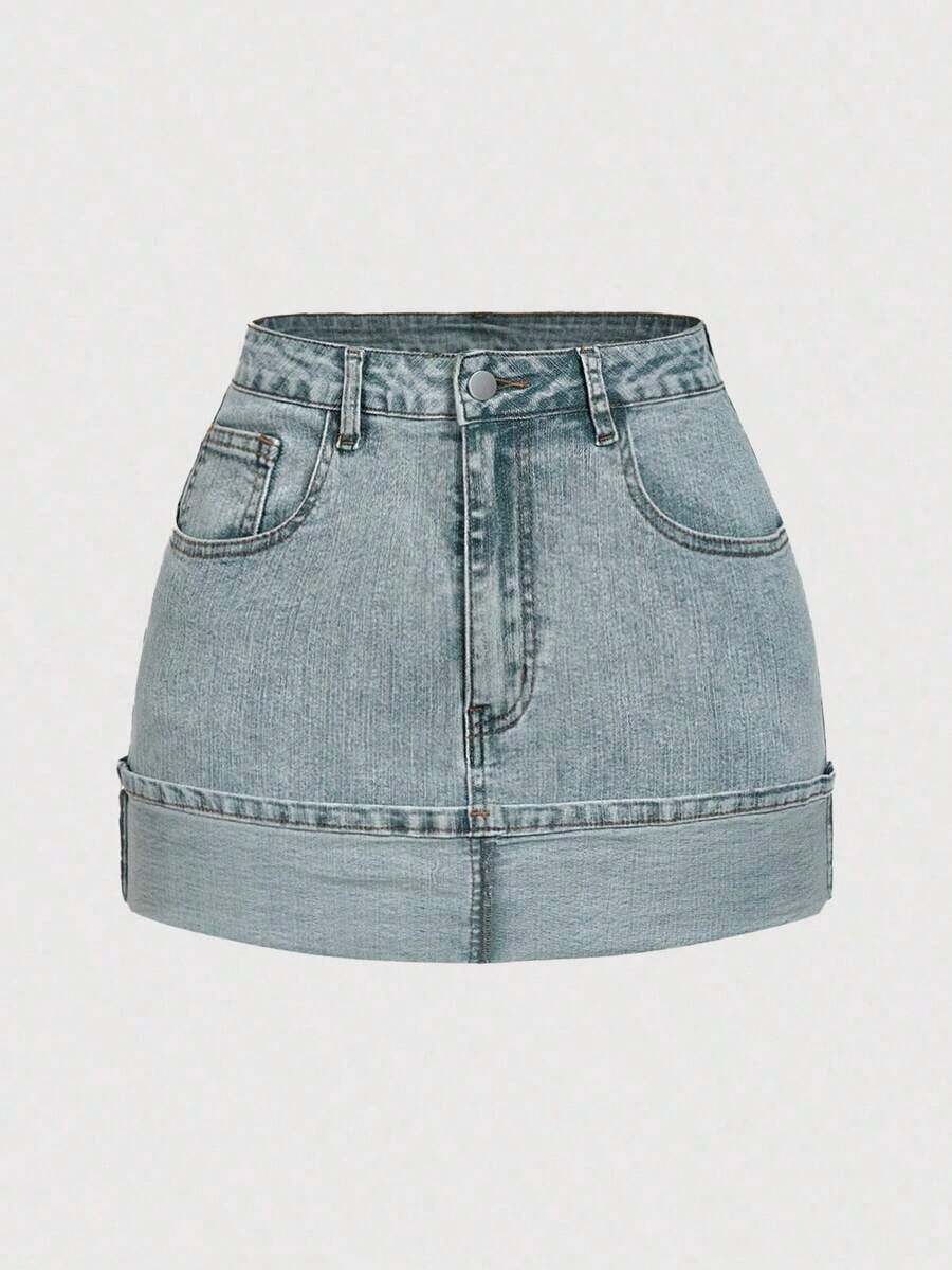 Minifalda de mezclilla casual de mujer con bloqueo de color lavado y parches - Lavado ligero 2 - Ver 1